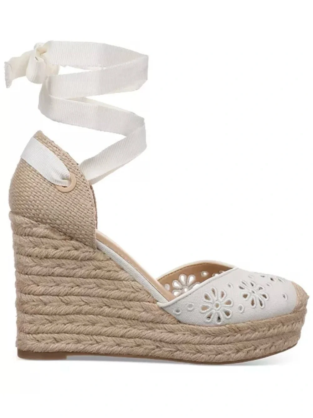 White Eyelet Lace-Up Espadrille Platform Wedge Sandals